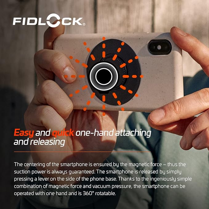 FIDLOCK Vacuum Uni Phone Patch Black | Adhesive Phone Patch 360° Rotation 3M Hold For Smooth Cases No Electronics Interference VACUUM Base Compatibility