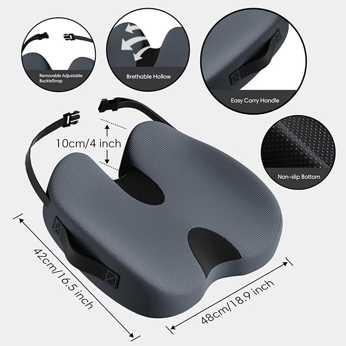 Large Memory Foam Seat Cushion for Office Chair, Car, Desk, Truck & Wheelchair - Tailbone, Coccyx & Sciatica Pain Relief Pillow - Ergonomic Back Support Portable Pad for Long Sitting & Driving