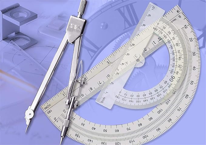 oxe Student Math Geometry Set,Drawing Compass 4 Inch and 6 Inch Clear Math Protractor Triangle Ruler 30/60 45/90 Degree and 8 Inch Ruler,Set of 6 Pcs