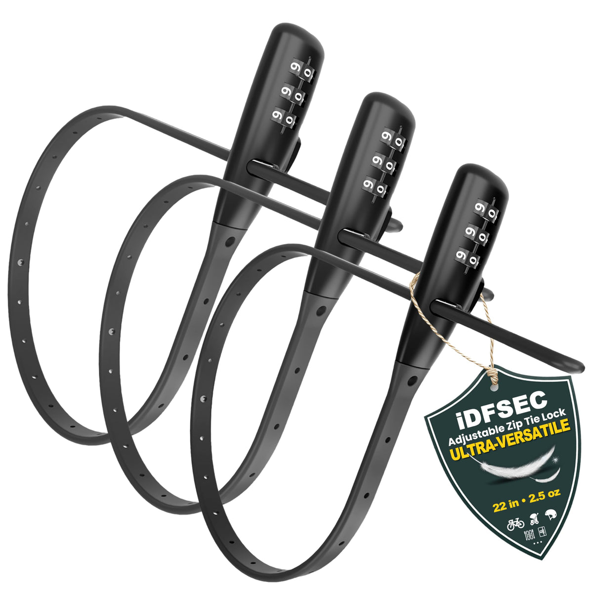 iDFSEC Zip Tie Bike Lock, Adjustable Cable Lock with Stainless Steel Core - Multi-Purpose Cable Lock for Securing Bike Rack, Helmets, Skis, Snowboards, Gates (3/Pack, Black)