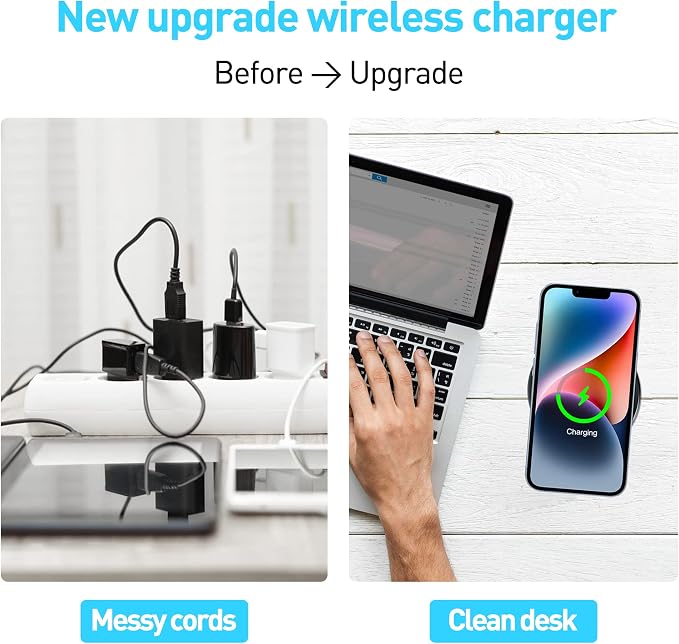 Desk Wireless Charger JE Make IT Simple Desktop Grommet Power Wireless Charging Pad for iPhone 16/15/14/13/12 Series Samsung Airpods and All Phones with Wireless Charging (Black)