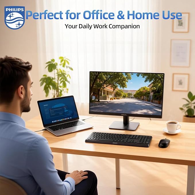 PHILIPS Quiet Wireless Keyboard and Mouse Combo, Silent Keyboard and Mouse Wireless Combo for Laptop PC Computer, Connects with Only One USB-A Dongle, No Bluetooth