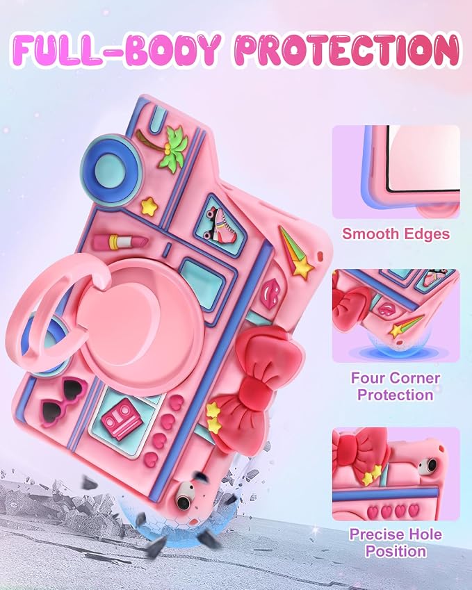 for iPad 10th Generation Case 10.9 Inch 2022 for iPad A16 Case 11th Generation - for Girls Cute Girly Kawaii 3D Cartoon Design with Rotating Stand &amp Strap Silicone Cover for Apple 10th/11th