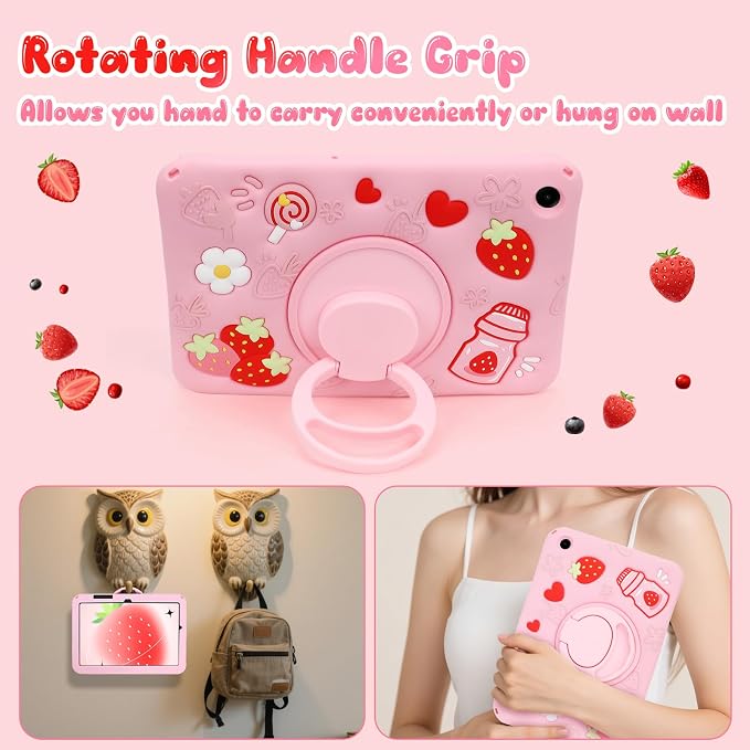 Case for Samsung Galaxy Tab A11+ Plus / A9+ Plus 11 Inch Cute Strawberry Women 3D Rotating Handle Stand &amp Shoulder Strap Soft Silicone for Samsung A11 Plus Tablet Case