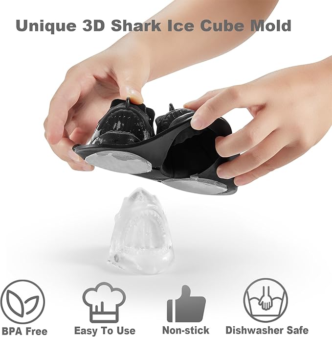ACOOKEE Shark Ice Cube Tray Fun Shapes, Odd Novelty Cute Shark Gifts, 2.2" Large Silicone Whiskey Ice Mold for Cocktails,Bourbon,Brandy, w/Funne
