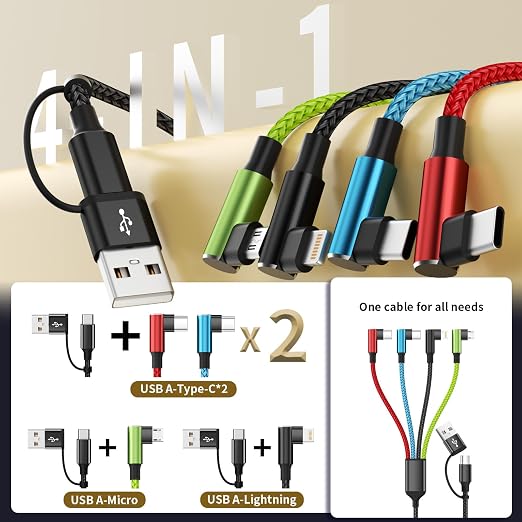 4 in 1 Multi Charging Cable 2 Pack 6FT Charging Cords for Devices | Nylon Braided USB C Car Charger Cable with Dual USB-C IP &amp Micro Ports Long Travel Charging Cord for Cars