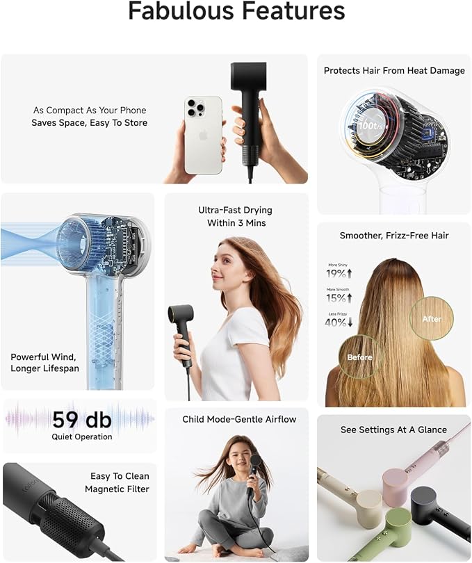 Laifen MINI Hair Dryer, Lightweight and Compact High Speed 200M Ionic Blow Dryer with 110, 000 RPM Brushless Motor for Fast Drying, Low Noise, Hairdryer with Magnetic Nozzle, Child Mode