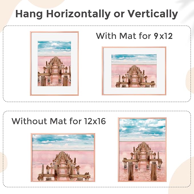 12x16 Metal Picture Frame For Wall With Mat For 9x12, 12''x16'' Aluminum Certificate Document Frames With Tempered Glass, Minimalist Poster Frame Horizontally Vertically Set of 3, Rose Gold