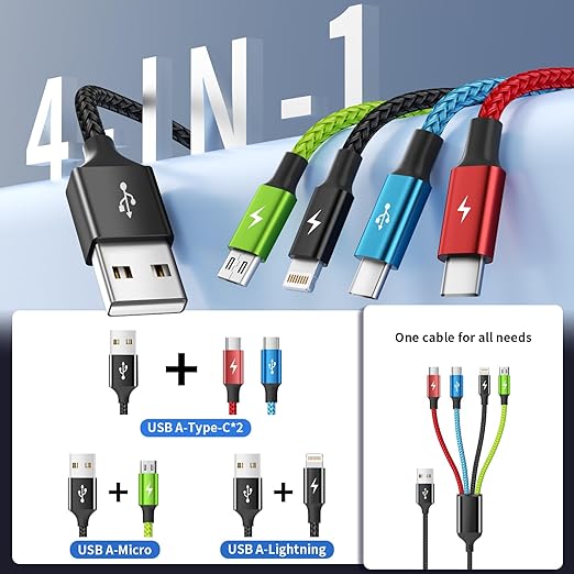 4 in 1 Multi Charging Cable 2 Pack 6FT Charging Cords for Devices | Nylon Braided USB C Car Charger Cable with Dual USB-C IP &amp Micro Ports Long Travel Charging Cord for Cars