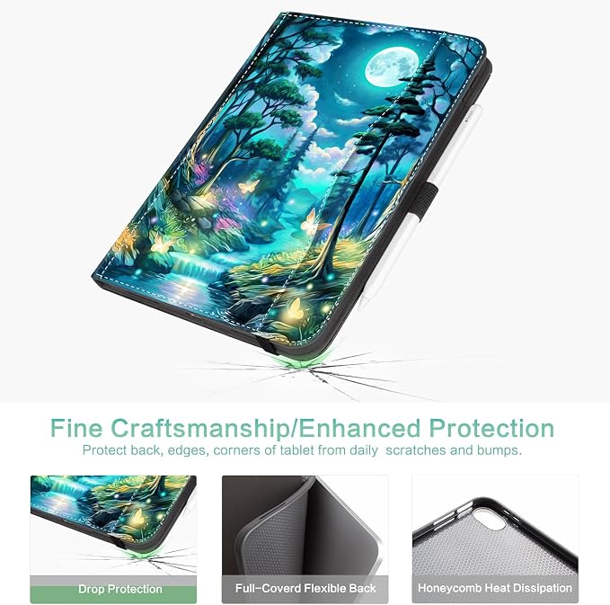 Lokigo Case for iPad (A16) 11th/10th Generation Aurora Forest | for iPad 11th-11 Inch/10th-10.9 Inch Stand Cover Pencil Holder/Hand Strap/Pocket Support Touch ID Auto Wake/Sleep