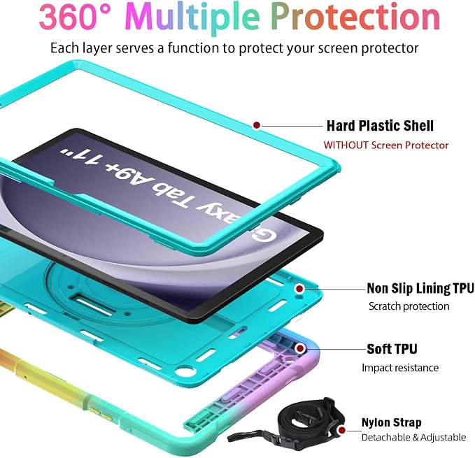BMOUO for Samsung Galaxy Tab A9+ Plus Case 11 2023 (SM-X210/X216/X218) Shockproof Galaxy Tab A9 Plus Case with Rotating Stand and Hand/Shoulder Strap Black
