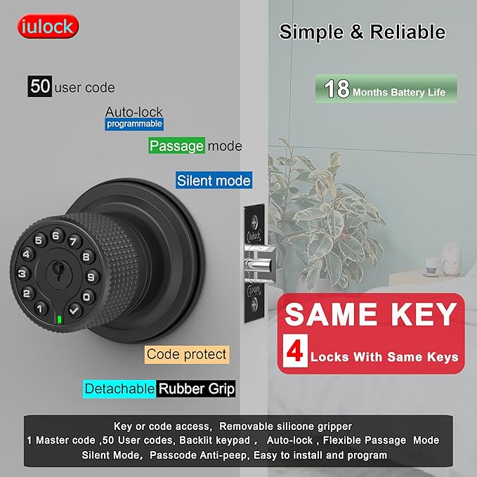 iulock Smart Door Knob with Keypad and Key,Keyless Entry Door Lock with Rubber Grip, Auto Lock,50 User Code,Waterproof, Easy to Install and Program for Bedroom (Matte Black Same Key 4 Pack)