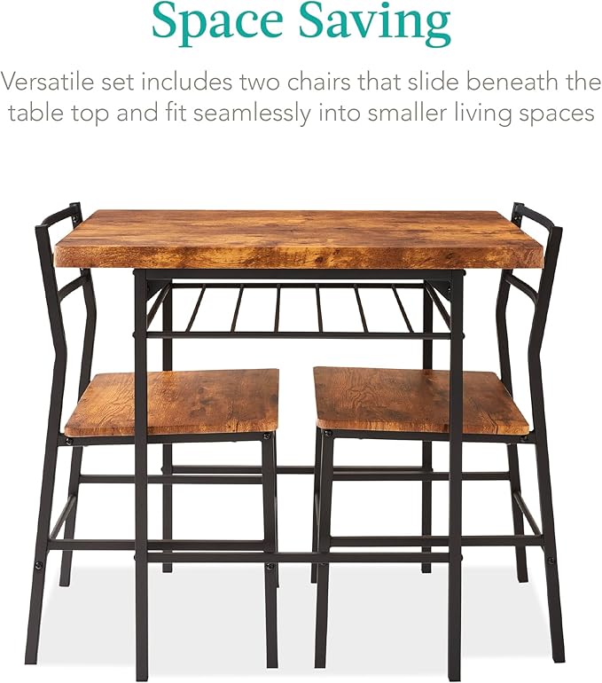 Best Choice Products 3-Piece Modern Dining Set, Space Saving Dinette for Kitchen, Dining Room, Small Space w/Steel Frame, Built-in Storage Rack - Medium Brown/Black