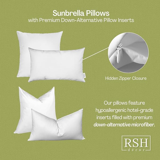 RSH DECOR: Sunbrella Square Throw Pillows Set of 4 | 20" x 20" | Water and Fade-Resistant Performance Fabric | Outdoor Pillow Covers with Down-Alternative Inserts | Brannon Whisper