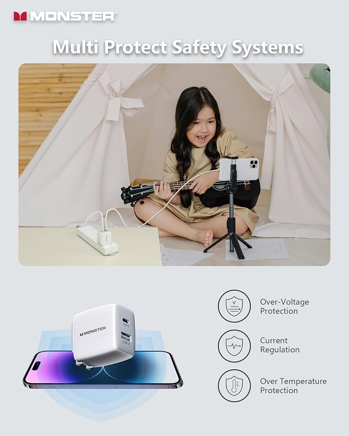 Monster USB C Charger 25W Super Fast Charger with USB C Cable Wall Charger with Foldable Plug for iPhone 15/15 Plus/15 Pro/15 Pro Max Samsung Galaxy iPad Pro Pixel