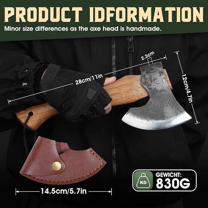 Tivoli 11 Inch Hatchet Camping Axe,Small Bushcraft Axe for Chopping and Wood Splitting,Ash Wood Handle,Perfect for Outdoor Survival and Adventures,Hunting, Trekking,Gardening