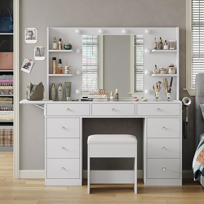 Vanity Desk & Power Outlet, Makeup Vanity with Mirror and 10 LED Lights, 3 Lighting Modes Brightness Adjustable, Makeup Table with 4 Shelves and Fold-up Panel, Vanity Set for Bedroom, White