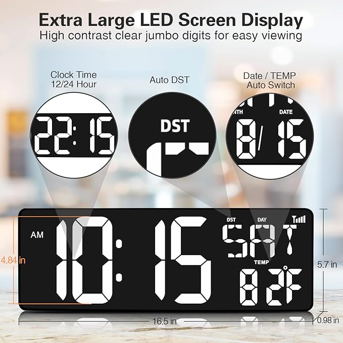 XREXS 16.5 in Large Display Wall Clock with Temperature/Date/Week, LED Big Digital Timer Clock with Remote Control, Alarm Clock for Home and Office, Auto-dimming
