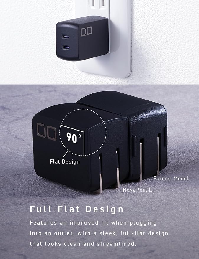 CIO NovaPort Duo II 67W2C Dual USB-C GaN Fast Charge Block (Black) | Compact 2-port fast charging wall adapter 67W max output for laptop phone and tablet