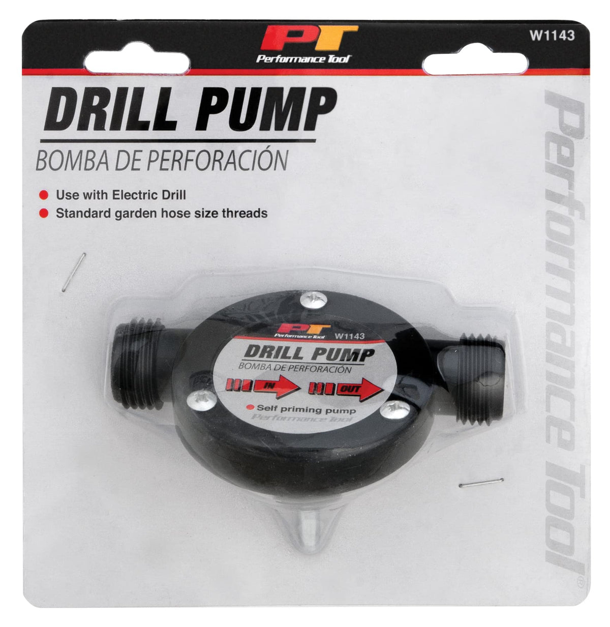 Performance Tool W1143 Liquid Transfer Pump for Corded/Cordless Drills - 225 GPH, 3/4-Inch Max Hose Diameter, Self-Priming, Corrosion-Resistant Shaft