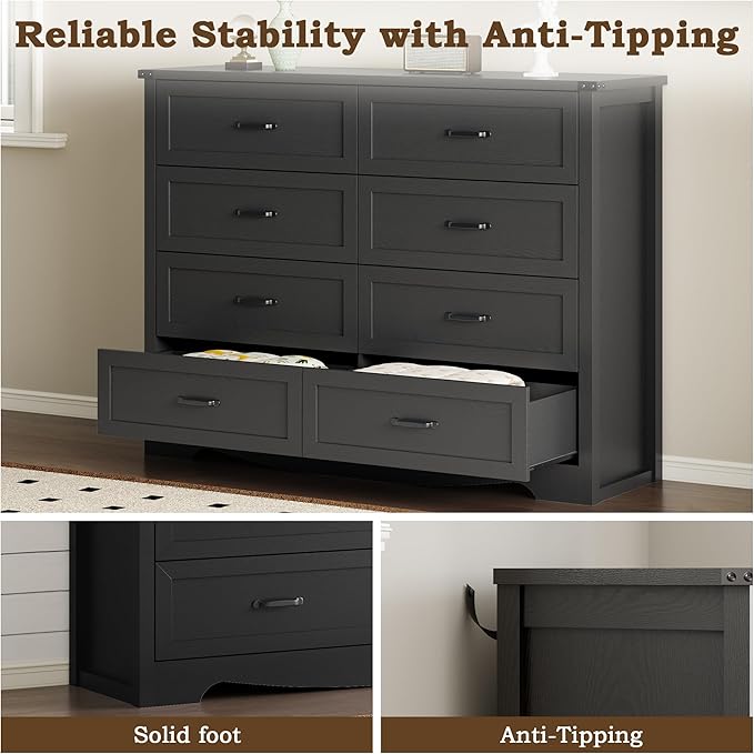 8-Drawer Dresser for Bedroom, Modern Wooden Chest of Drawers with Metal Handles, Anti-Tipping Design, Sturdy and Stable Storage Organizer for Living Room, Entryway, Home Office, Standard