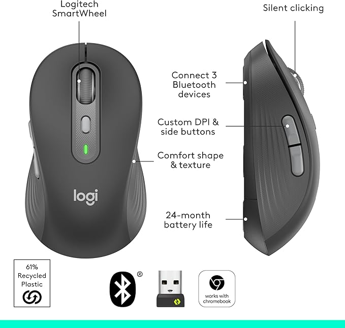Logitech Signature Plus M750 Wireless Mouse – for Small to Medium Hands, SmartWheel, Bluetooth, Multi Device, 24-Month Battery, Silent Clicks, Customizable Side Buttons, Contoured Shape - Graphite