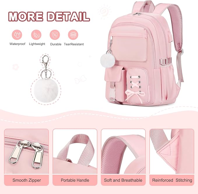 Backpacks for Girls, Girls Backpack with Lunch Box & Pencil Pouch for Teens Girl Kids Elementary Middle High School College Student Bookbag Daypack Laptop Travel Backpack for Women (Pink)