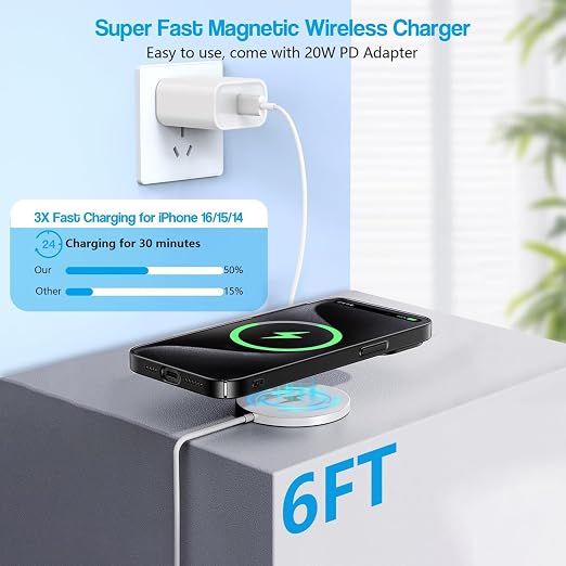 [Apple MFi Certified] Magnetic Wireless Charger for iPhone 16 Pro Max/16 Pro/15/14/13/12/Plus/AirPods 3/2/Pro 2 6FT Magnet Charge for Apple Mag-Safe Charger Fast Wireless Charging 2Pack