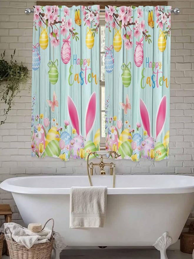 Happy Easter Living Room Curtains 72 Inches length, Spring Bunny Eggs Flower