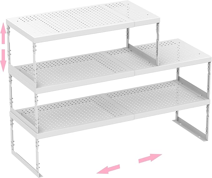 Asiingkel Stackable Expandable Metal Shelf Organizer - Adjustable Wire Storage Rack with Holes for Kitchen, Bathroom, Cabinet, Office - Space Saving, Durable & Sturdy Design（1PACK/Large/Black