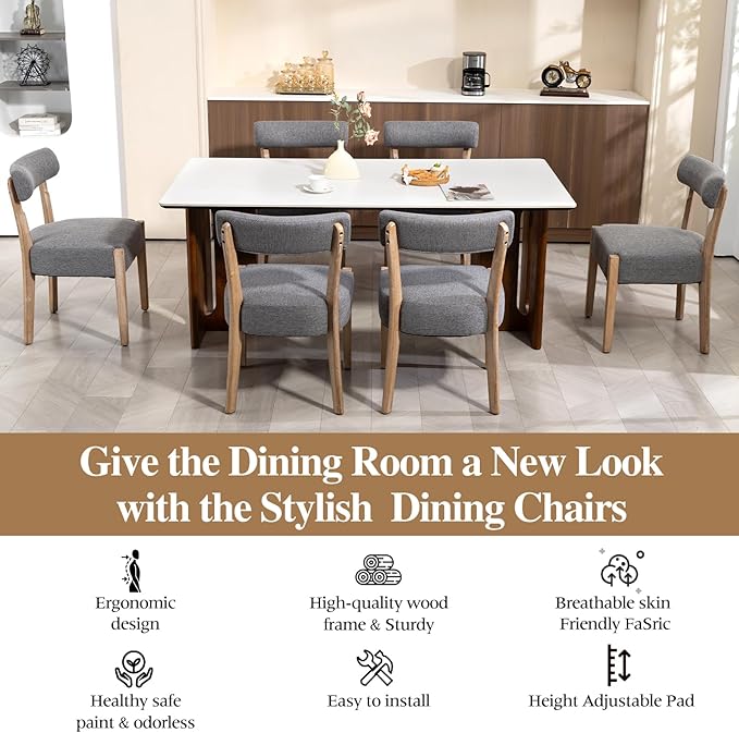 Dining Chairs Set of 6,Mid Century Modern Kitchen Chair Set - Linen Upholstered Low Back Kitchen & Dining Room Chairs with Woven Design,Grey Fabric