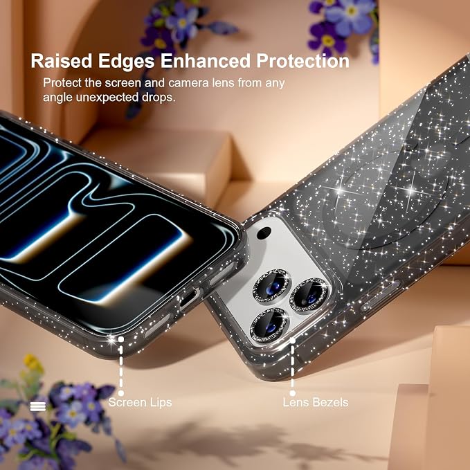 Choiche for iPhone 15 Pro Max Case Compatible with MagSafe Glitter Black | Women Girly Cute Glitter Sparkly Magnetic Phone Case with Diamond Camera Lens Protectors Military-Grade Drop Protection 6.7