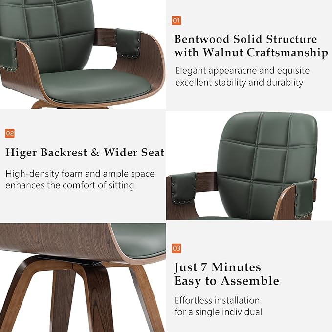 Set of 4 MCM dining Chairs - Swivel Faux Leather Dining Chairs with Arms and Curved Back, Bentwood Structure, Walnut Craftsmanship, Versatile for Kitchen/Restaurant/Conference Room (Walnut Green)