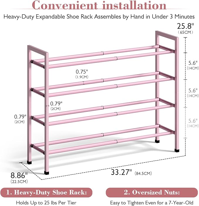 Bumusty 4-Tier Expandable Shoe Rack for Closet, 18“-33” Adjustable Shoe Rack for Small Space, Small Shoe Organizer for Front Door, Sturdy Metal, Pink