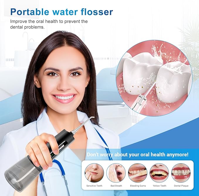 JNGOODS Cordless Water Dental Flosser Oral irrigator,JNGOODS 300ml Rechargeable Water flosser for Teeth IPX7 Waterproof 4 Modes Portable Oral Irrigator with 4 Jet Tips, Travel Home use (Black)