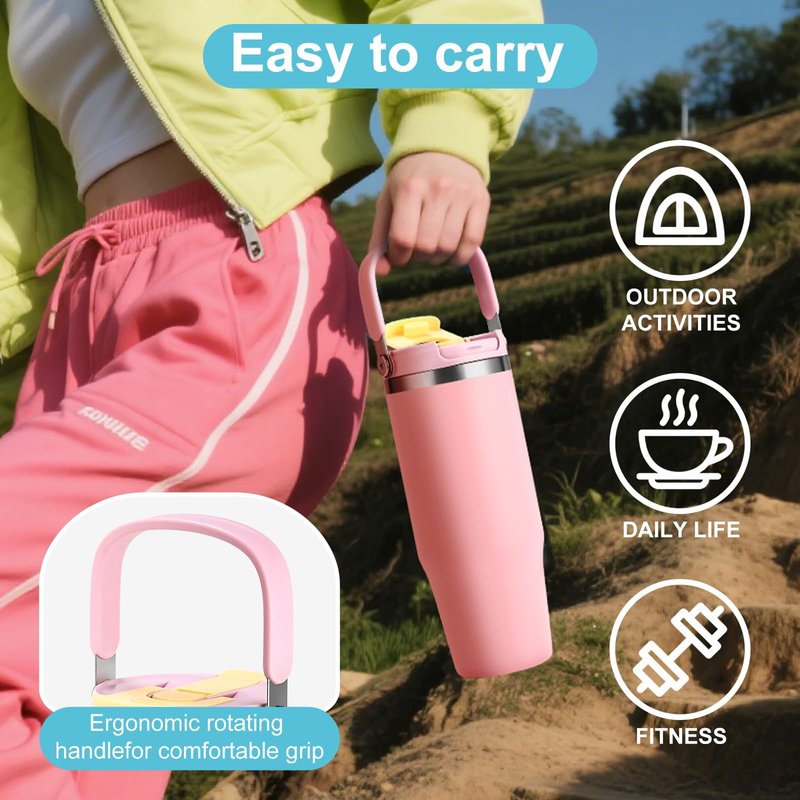 Winscj 32 oz Tumbler with Handle and Flip Straw,Keep Cold or Hot,Fits in Cup Holder,Reusable Leak Proof Stainless Steel Vacuum Water Bottle,Suitable for Home Gym Trave, Easy to Carry(Purple)