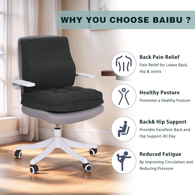 baibu Memory Foam Small Recliner Cushions with Lumbar Support Pillow Set, 18x16x4 Inch Dual-Layer Design Non-Slip Recliner Seat Cushion & Back Support Pillow for Reduce Hip & Lumbar Pain, Black
