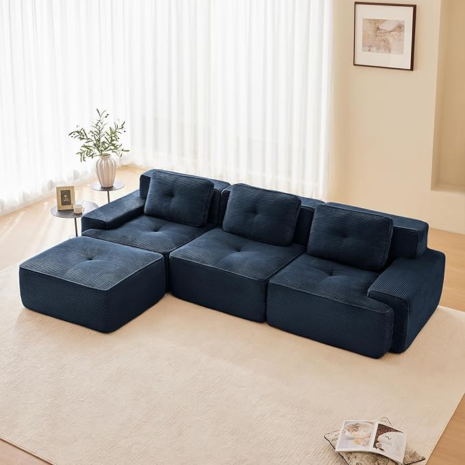 Blue Ottoman for Modular Sectional Sofa, Corduroy Deep Seat for Oversized Compressed Boneless Sectional Couches for Living Room Bedroom Apartment, Cloud Sofa Couch, Memory Foam, No Assembly