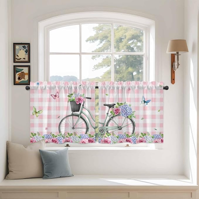 Spring Tier Curtains, Bicycles Leaves Butterfly Flowers Pink Buffalo Plaid