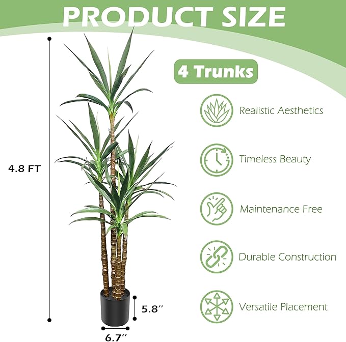 Artificial Trees 4.8Ft Faux Tree 4 Heads Agave Plants, Tall Plant Fake Plant with Plastic Pot for Home Decor, Office Decor