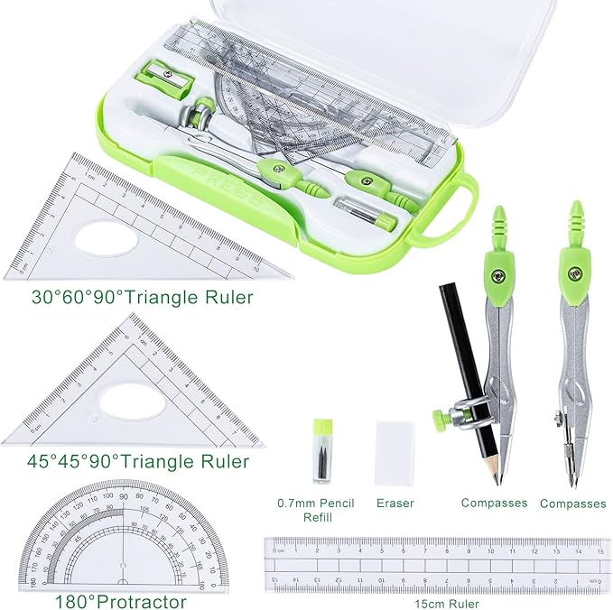 10 Pieces Math Geometry Kit Set with Shatterproof Storage Box, Student Supplies Includes Rulers,Protractor,Compass,Pencil Sharpener,Lead Refills,Pencil,Eraser for School and Drawings