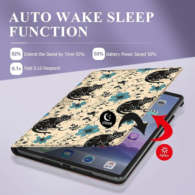 Case for Samsung Galaxy Tab A11 + Plus/A9 + Plus 11 Inch 2025/2023 Ultra-Thin Multi-Angle Protective Cover with Auto Sleep/Wake Black Cat and the Blue Flower
