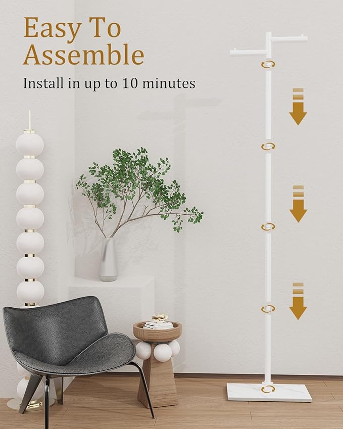 Garment Rack, Freestanding Metal Coat Racks, Z-shaped Coat Tree with Natural Rock Base, Suitable For Outerwear, Clothes, Handbags, 68.9in, White