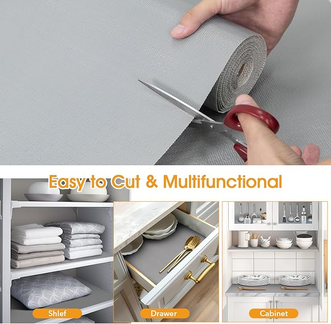 Shelf and Drawer Liner for Kitchen Cabinets Non-Adhesive, Strong Grip Non-Slip Thickened Cabinet Liners for Shelves, Waterproof Mats for Dresser Cupboard, Pure Gray, 17 in x 30 Feet