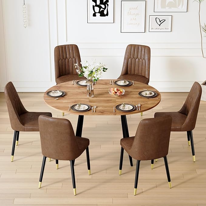 Round Dining Table Set for 6｜42"-54" Extendable Dining Table Set for 6｜0.73" Thick Wood Tabletop with Smooth Edge｜Black Metal Leg with Non-slip Footmat｜6 Soft PU Chairs｜Space Saving｜Easy Assembly
