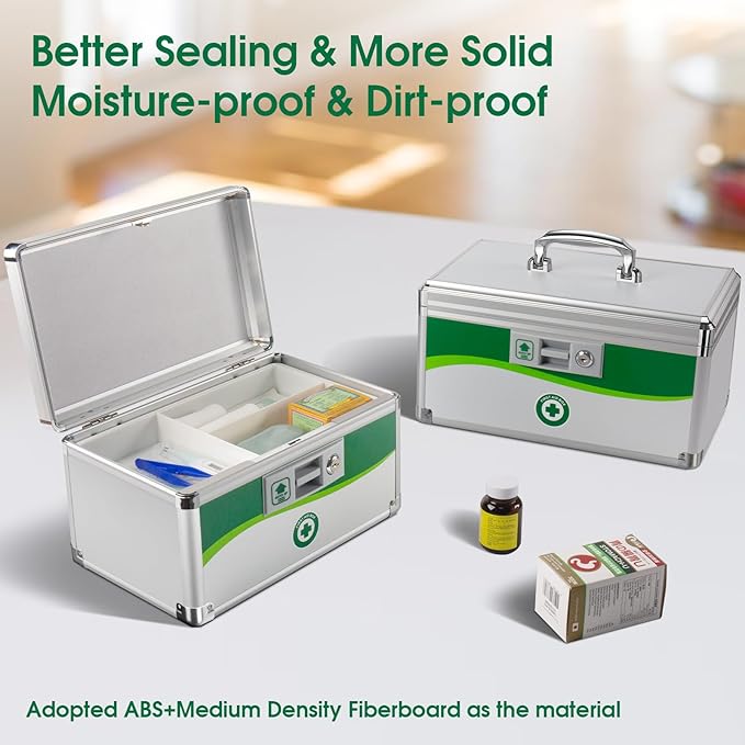 Medicine Lock Box with Keys, Medication Storage Lock Box, (Size-Small 10 * 6.9 * 6.9inch) First Aid Safe Layered Aluminum Daily Medicine Lockable Box with Key