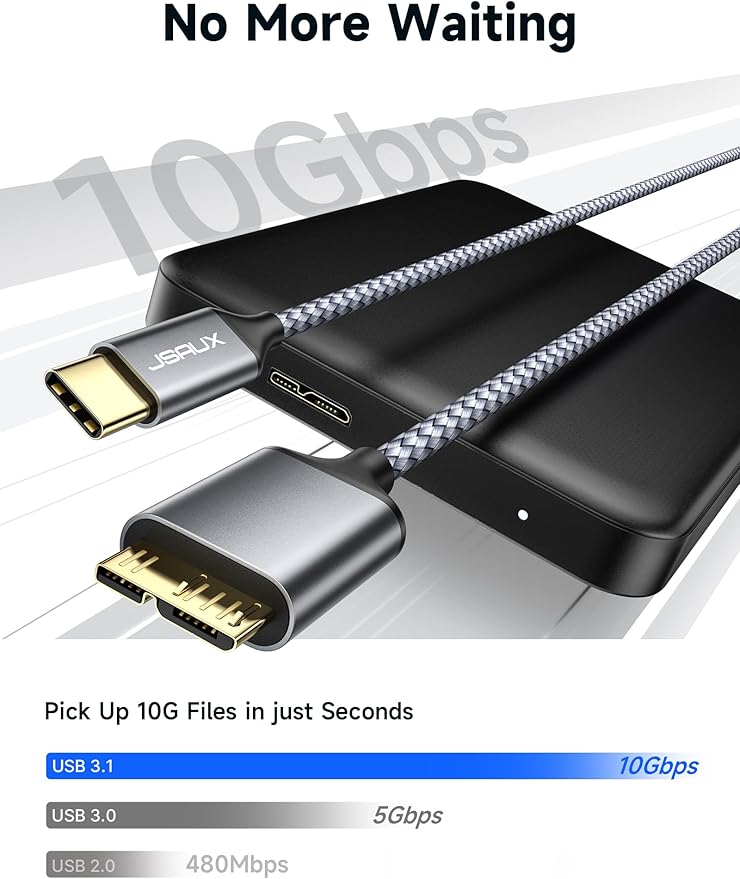 JSAUX 10Gbps Micro B to USB C Hard Drive Cable [1.5FT+1.5FT] | Nylon Braided Long External Hard Drive Cable Compatible for Seagate WD etc MacBook Pro/Air Galaxy S24 iPad