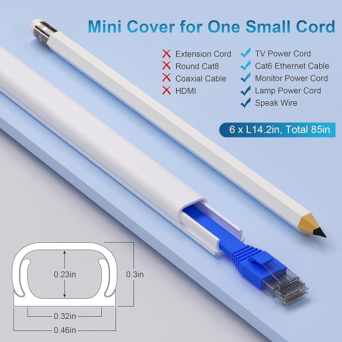 ZhiYo 85in Cord Covers for Wires on Wall, 1 Mini Cord Hider Wall, Self-Adhesive Wire Covers for Cords, Paintable TV Cable Hider Cable Management Kit, 6X L14.2in, W0.46in H0.3in, CMR05 Black