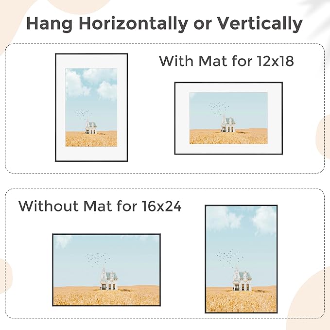 16x24 Frame | 16x24 Poster Frame With Mat For 12x18 | Metal Aluminum Picture Frame With Tempered Glass | Minimalist Modern Poster Frame | Hanging Hardware Included | Set of 2, Black