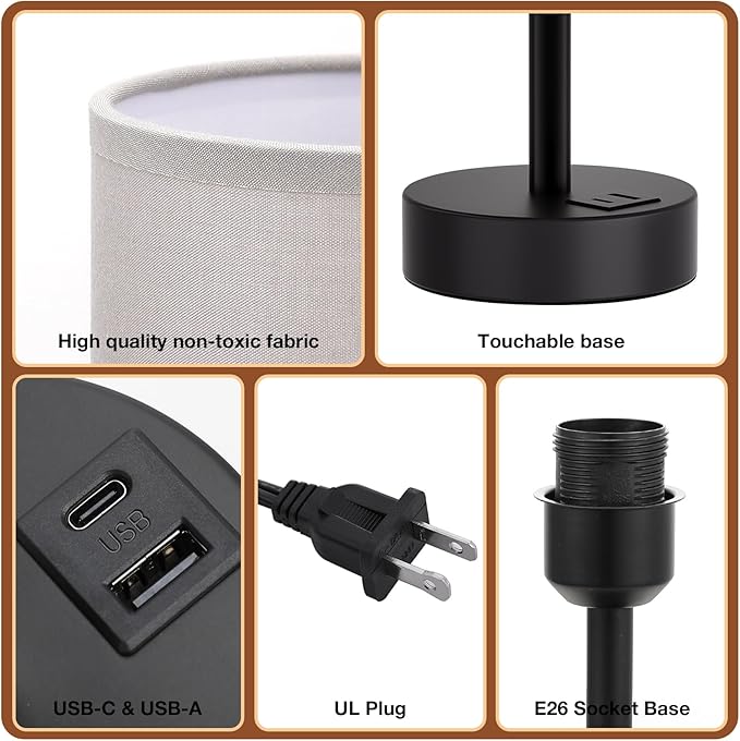Dicoool Grey Touch Bedside Lamp with USB - 3 Way Dimmable Table Lamp for Bedroom, Nightstand Lamp with Black Charging Station for Desk Dorm, Office, Boy Kids Room, Small